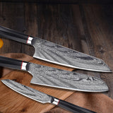 Home & Beyond Co Damascus Steel Chef's Knife Set with multiple knives, featuring sharp blades and wooden handles.