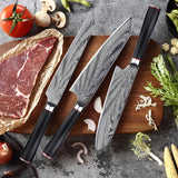 Home & Beyond Co Damascus steel chef's knife set showing three precision-crafted kitchen knives with elegant handles.